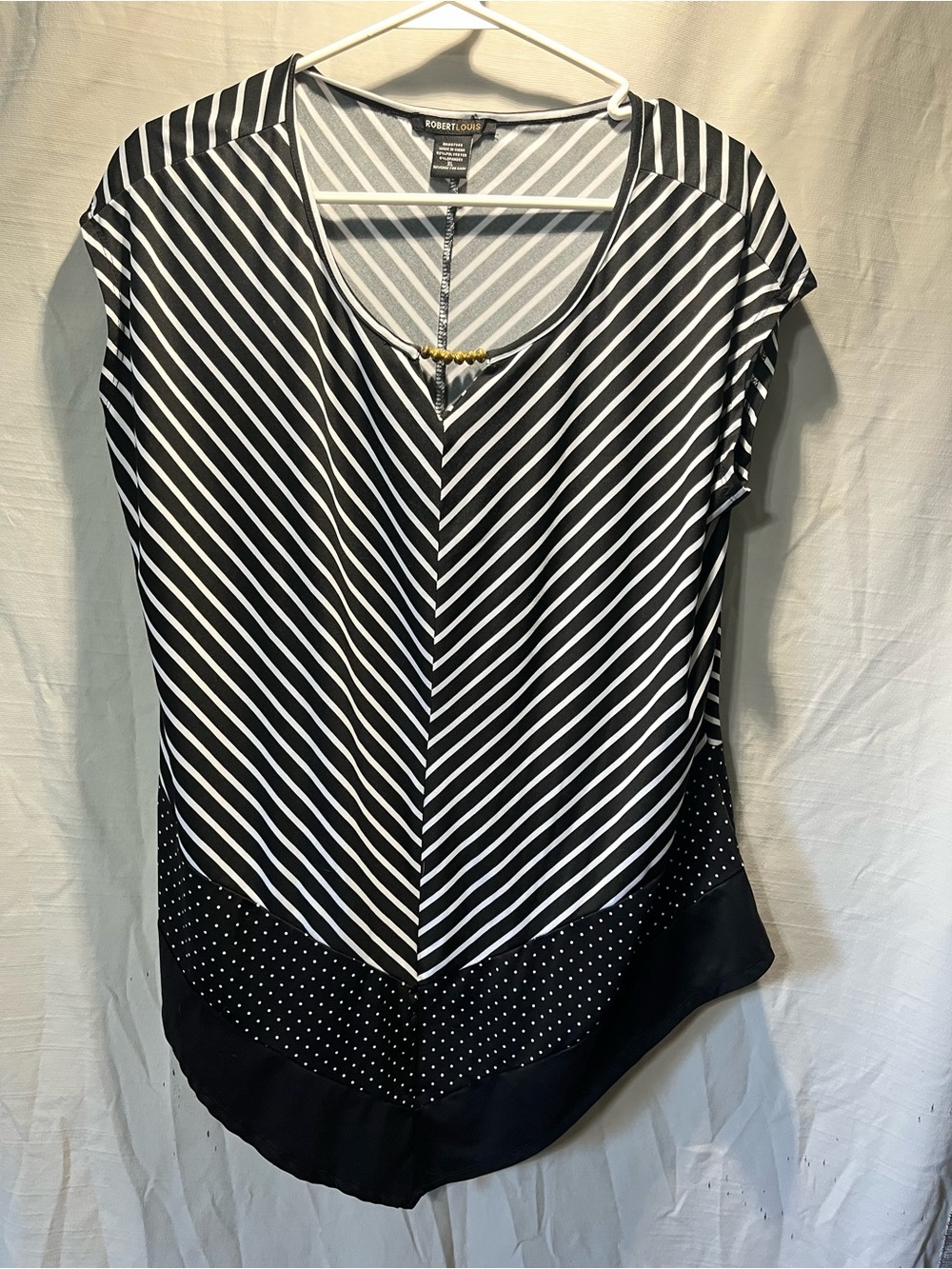 Robert Louis Black & White Striped V-Neck Blouse with Polka-Dot Hem